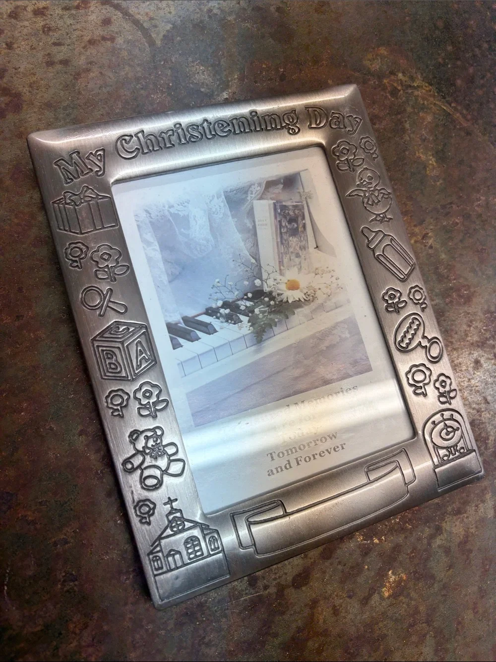 My Christening Day Silver Plate Photo Frame. Embossed Details & Customizable 4x6